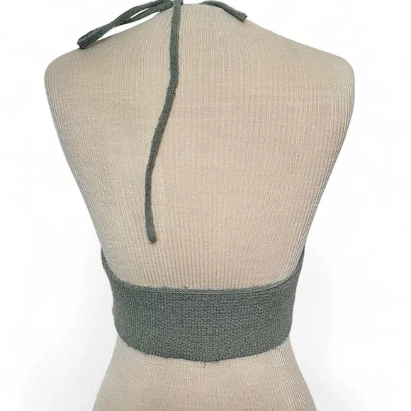 Knit crochet Halter Crop Top with Red Mushrooms - Sage Green - Picture 2 of 2